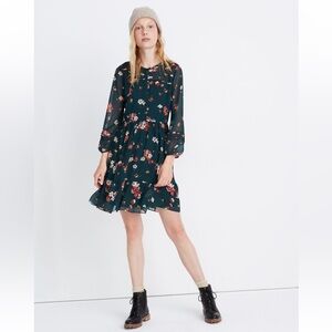 Madewell Sheer-Sleeve Pintuck Ruffle Dress in Spruce Blooms